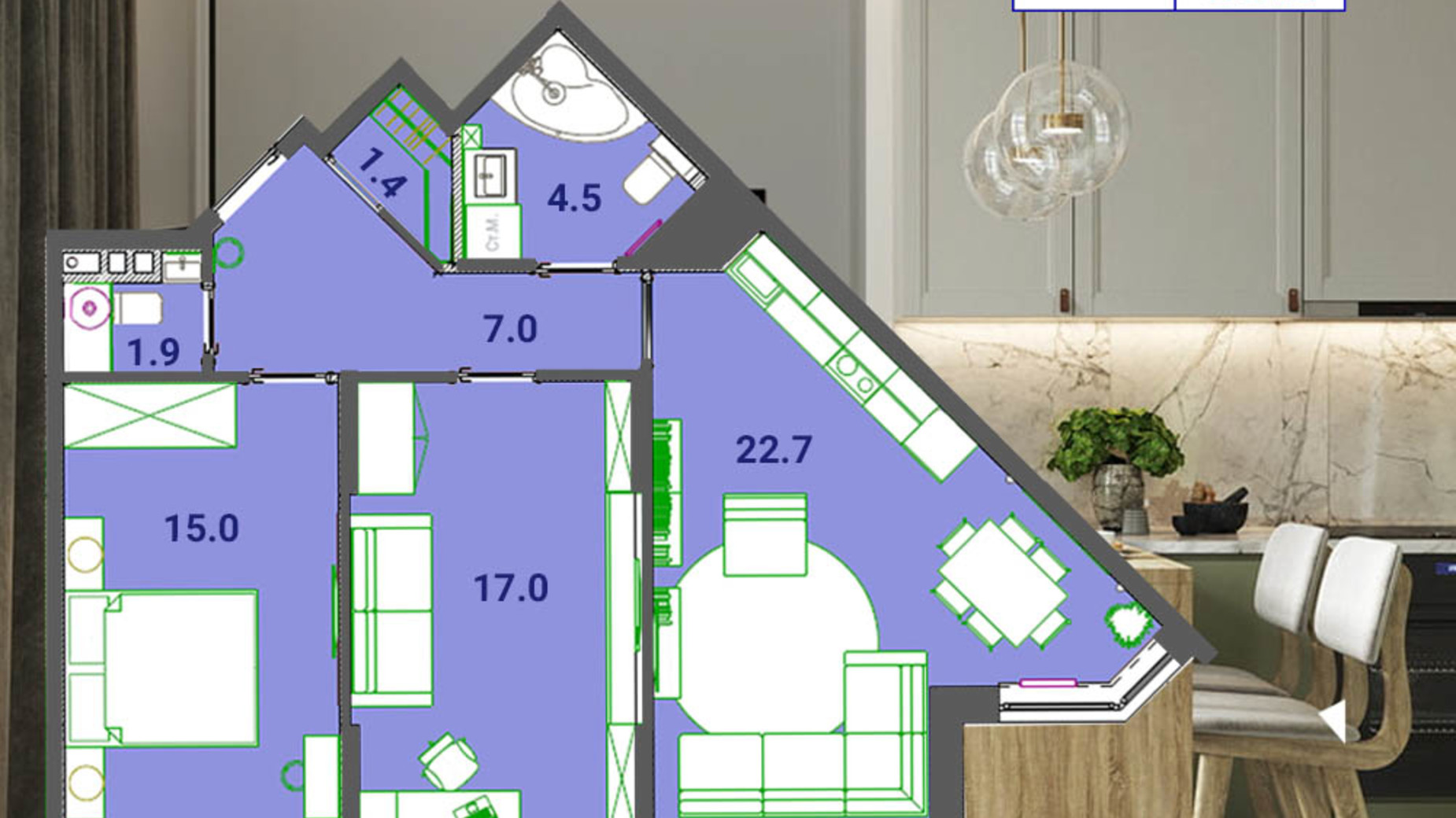 Планування 2-кімнатної квартири в ЖК SunCity 69.5 м², фото 271192