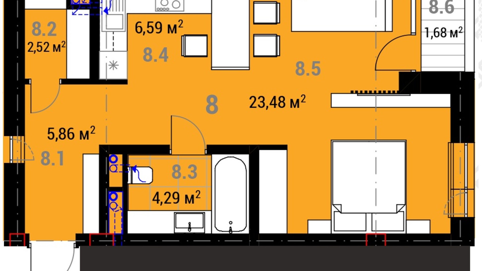 Планировка 1-комнатной квартиры в ЖК R23 43.58 м², фото 271417