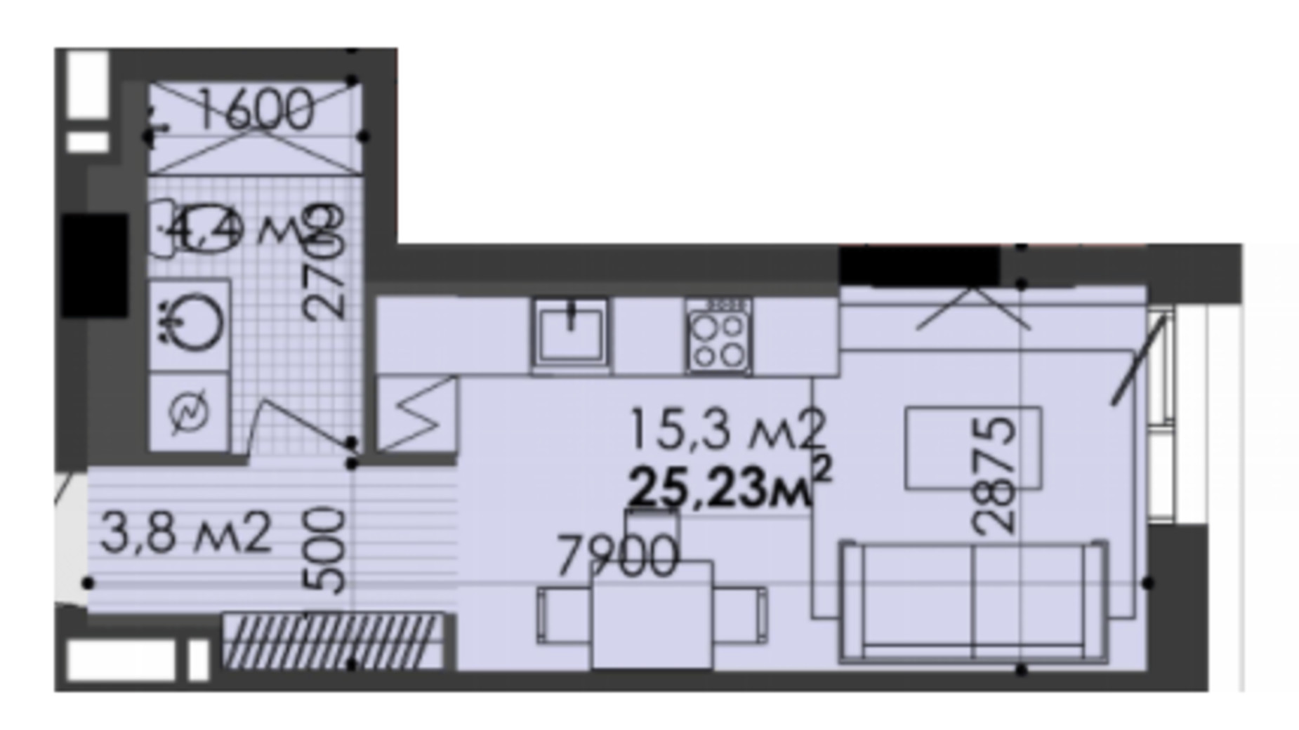 Планування 1-кімнатної квартири в ЖК Respect Hall 25.23 м², фото 271900