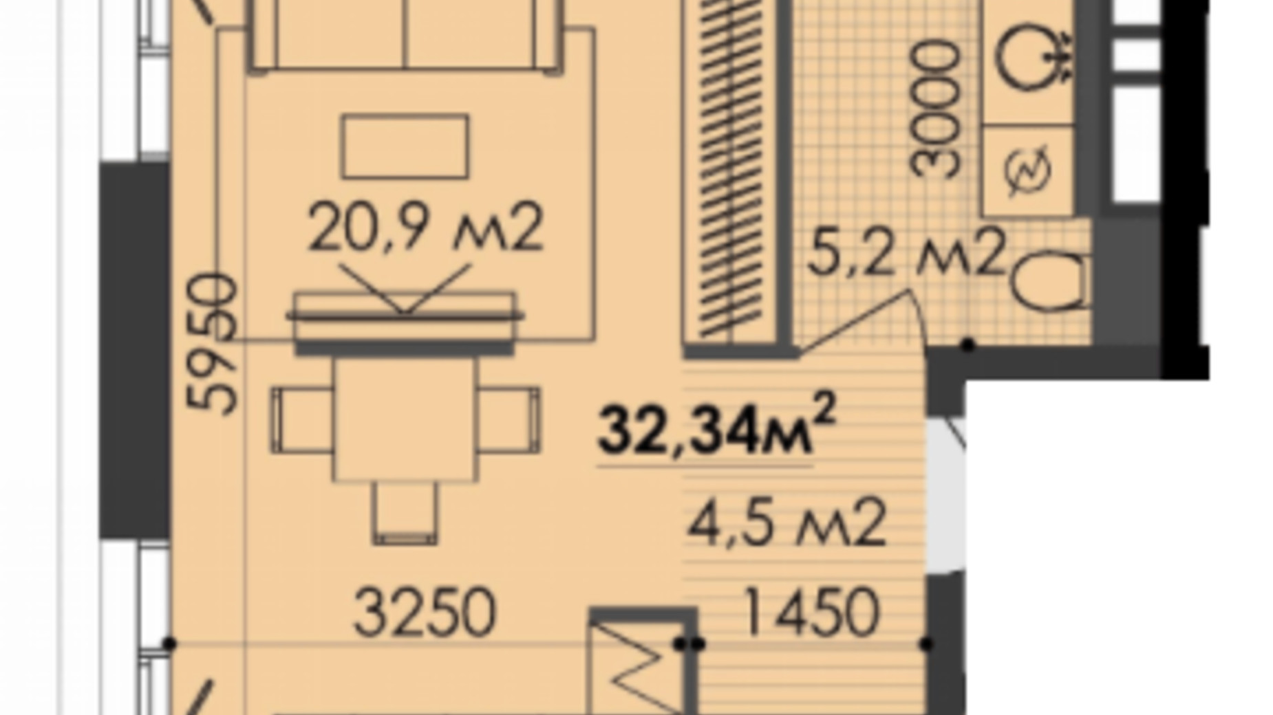 Планування 1-кімнатної квартири в ЖК Respect Hall 32.34 м², фото 271901