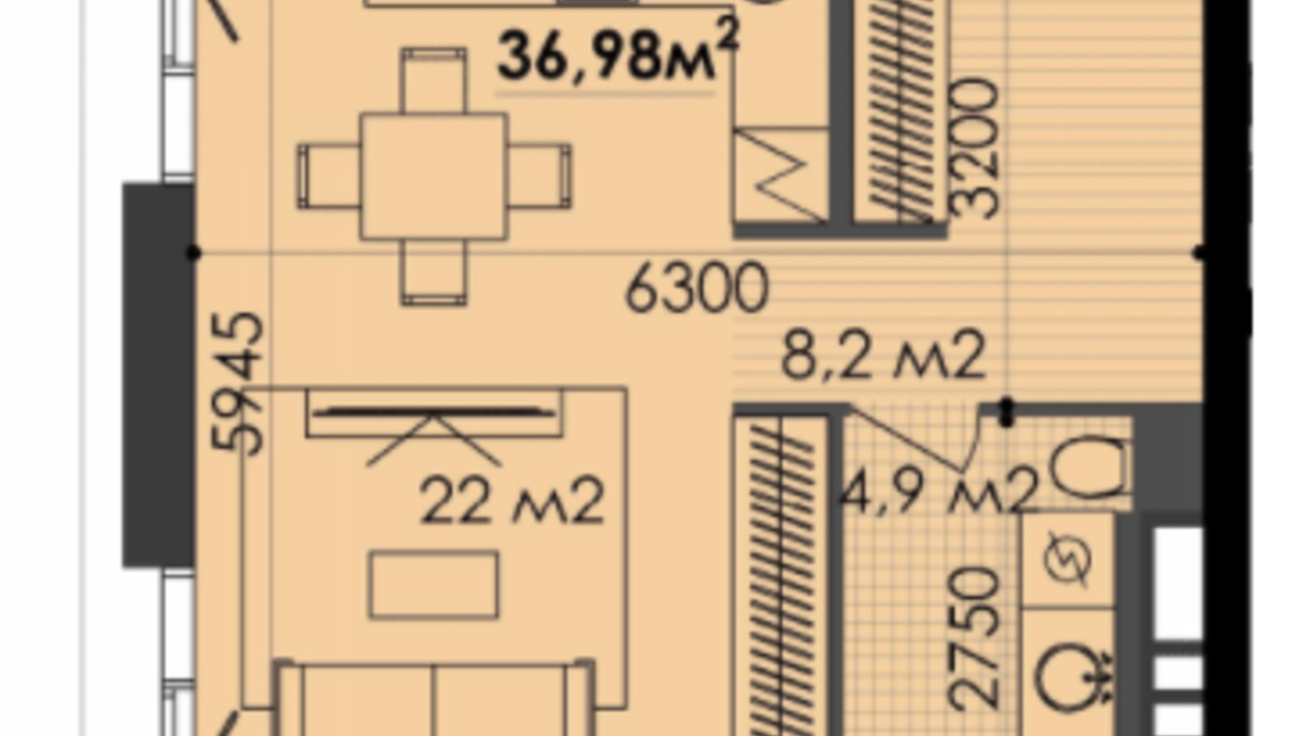 Планування 1-кімнатної квартири в ЖК Respect Hall 36.98 м², фото 271902