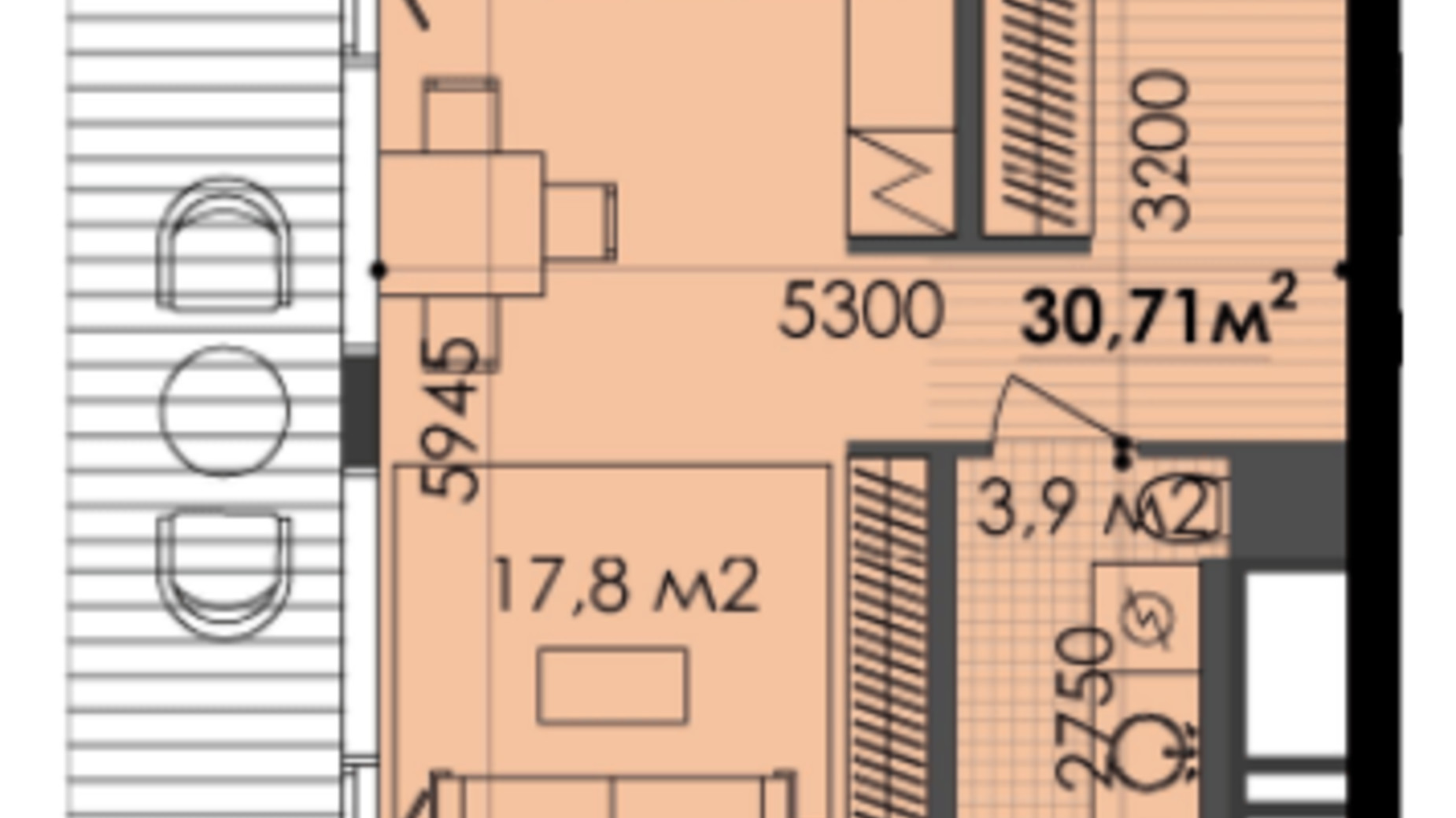 Планировка 1-комнатной квартиры в ЖК Respect Hall 30.71 м², фото 271904