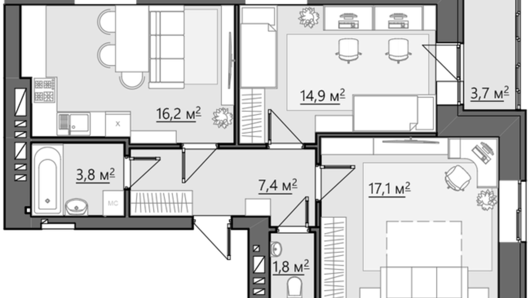 Планування 2-кімнатної квартири в ЖК Сімейний 64.9 м², фото 272187