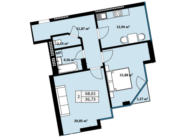 ЖК Uzh Towers: планировка 2-комнатной квартиры 68.61 м²