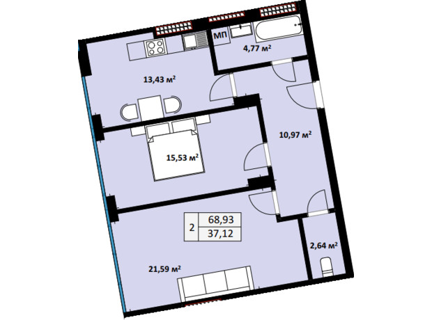 ЖК Uzh Towers: планування 2-кімнатної квартири 68.93 м²