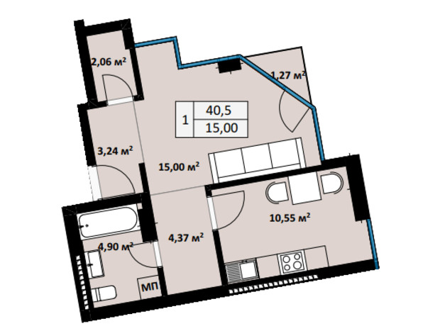 ЖК Uzh Towers: планування 1-кімнатної квартири 40.5 м²