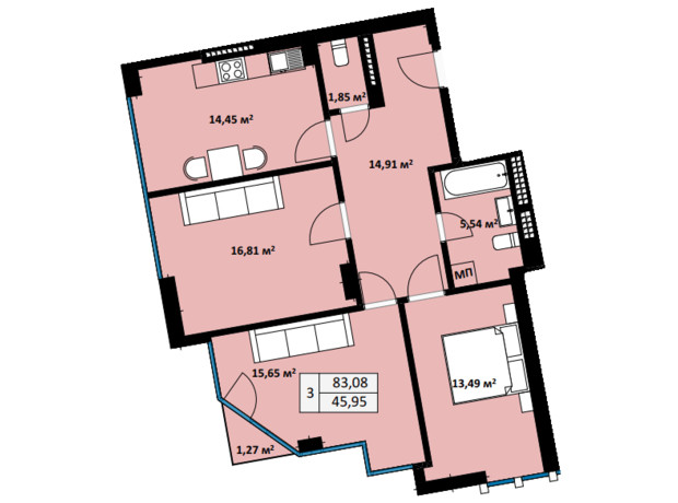 ЖК Uzh Towers: планування 3-кімнатної квартири 83.08 м²