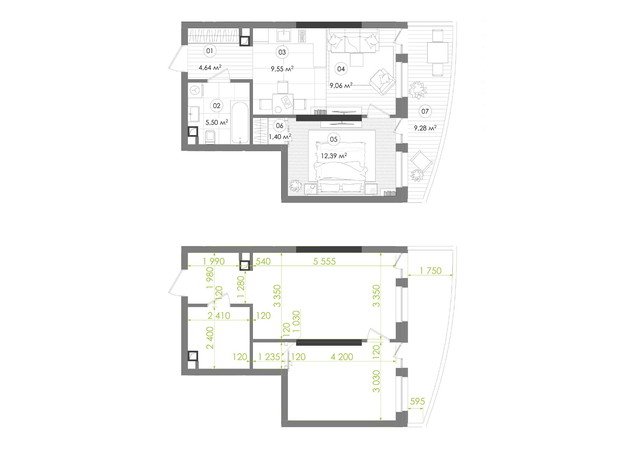 ЖК Creator City: планування 1-кімнатної квартири 45.32 м² ЖК Creator City: планування 1-кімнатної квартири 45.32 м²