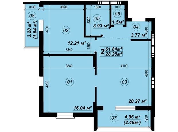 ЖК Verba: планування 2-кімнатної квартири 61.84 м²