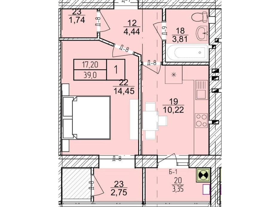 Планировка 1-комнатной квартиры в ЖК Болгарский 39 м², фото 272921 Планировка 1-комнатной квартиры в ЖК Болгарский 39 м², фото 272921