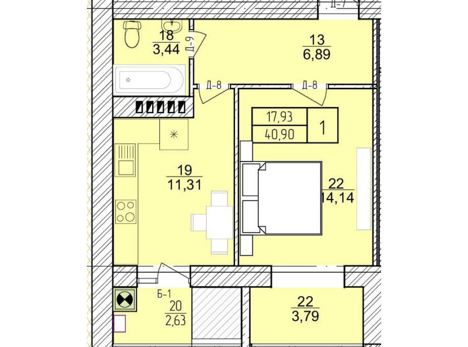Планировка 1-комнатной квартиры в ЖК Болгарский 40.9 м², фото 272922 Планировка 1-комнатной квартиры в ЖК Болгарский 40.9 м², фото 272922