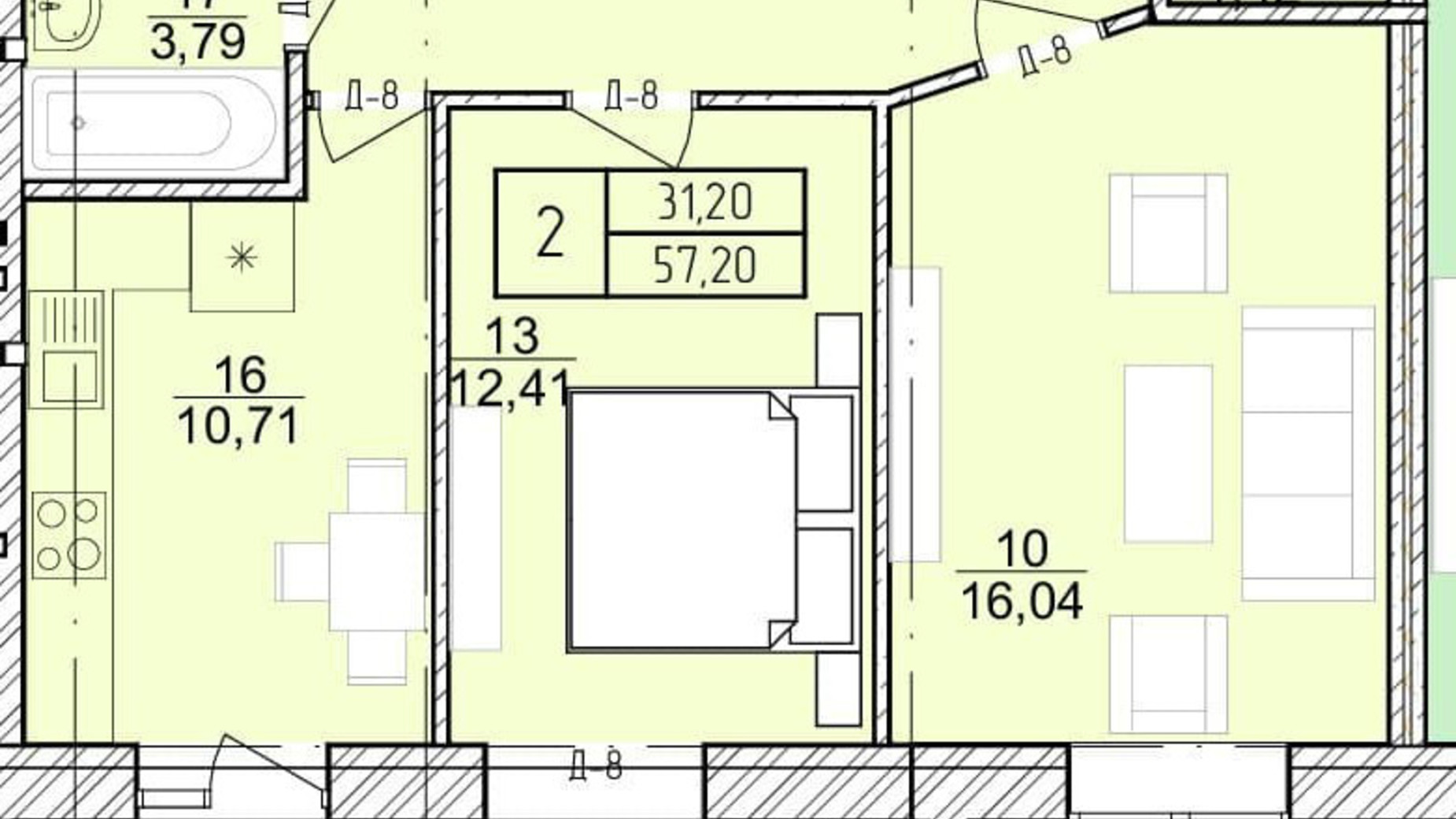 Планування 2-кімнатної квартири в ЖК Болгарський 57.2 м², фото 272923