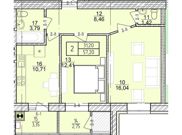 ЖК Болгарский: планировка 2-комнатной квартиры 57.2 м²