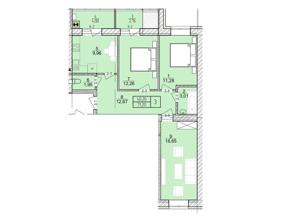 Планировка 3-комнатной квартиры в ЖК Болгарский 71.2 м², фото 272924 Планировка 3-комнатной квартиры в ЖК Болгарский 71.2 м², фото 272924
