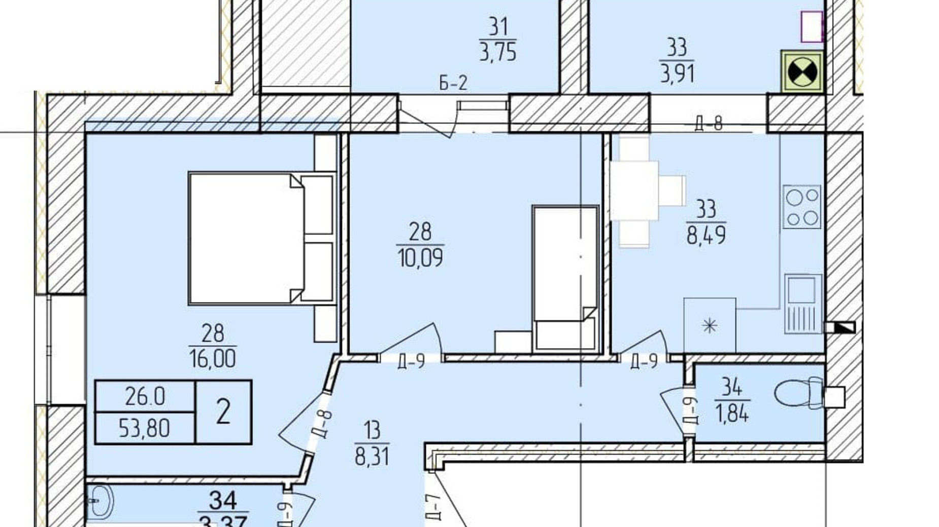 Планировка 2-комнатной квартиры в ЖК Болгарский 53.8 м², фото 272925