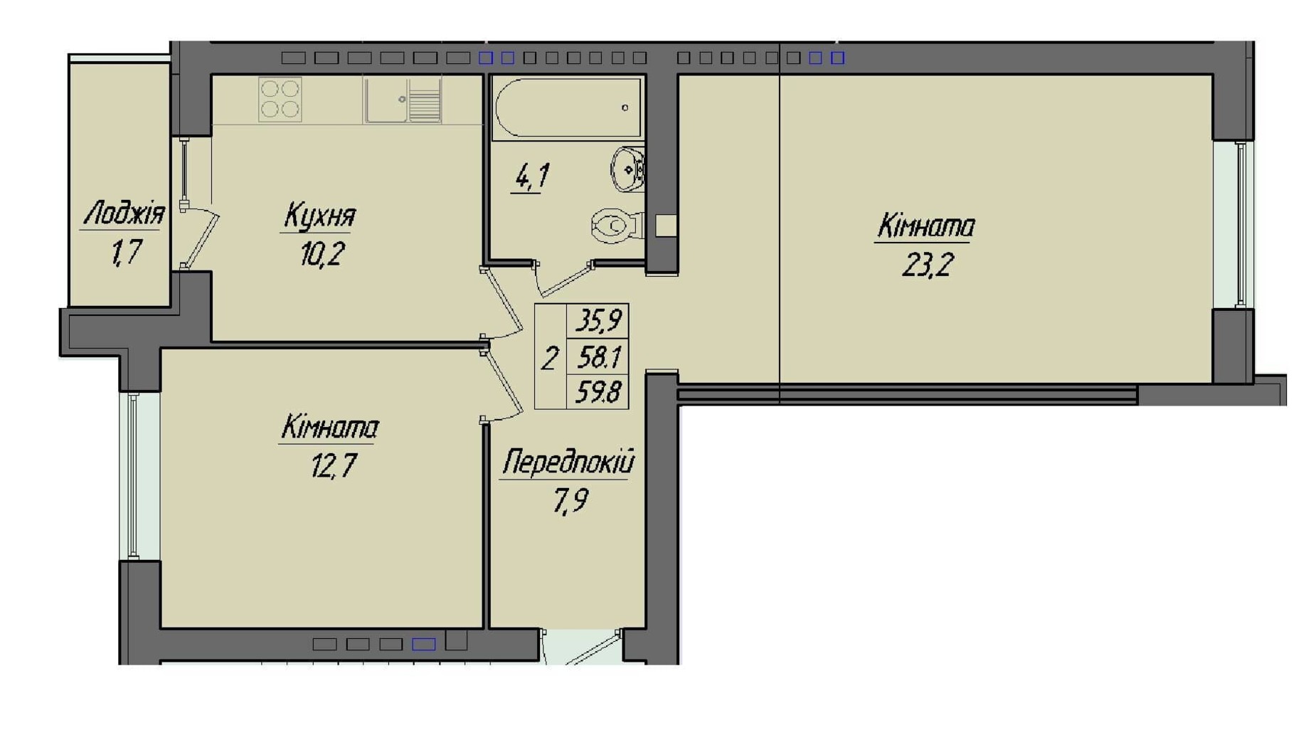 Планування 2-кімнатної квартири в ЖК Панорама 59.8 м², фото 272931