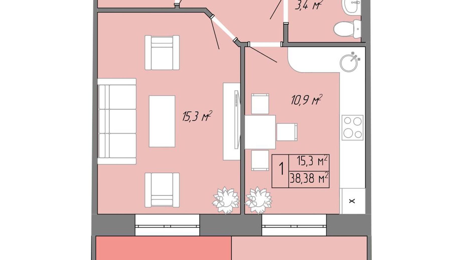 Планировка 1-комнатной квартиры в ЖК Акварель 2 40.96 м², фото 272934