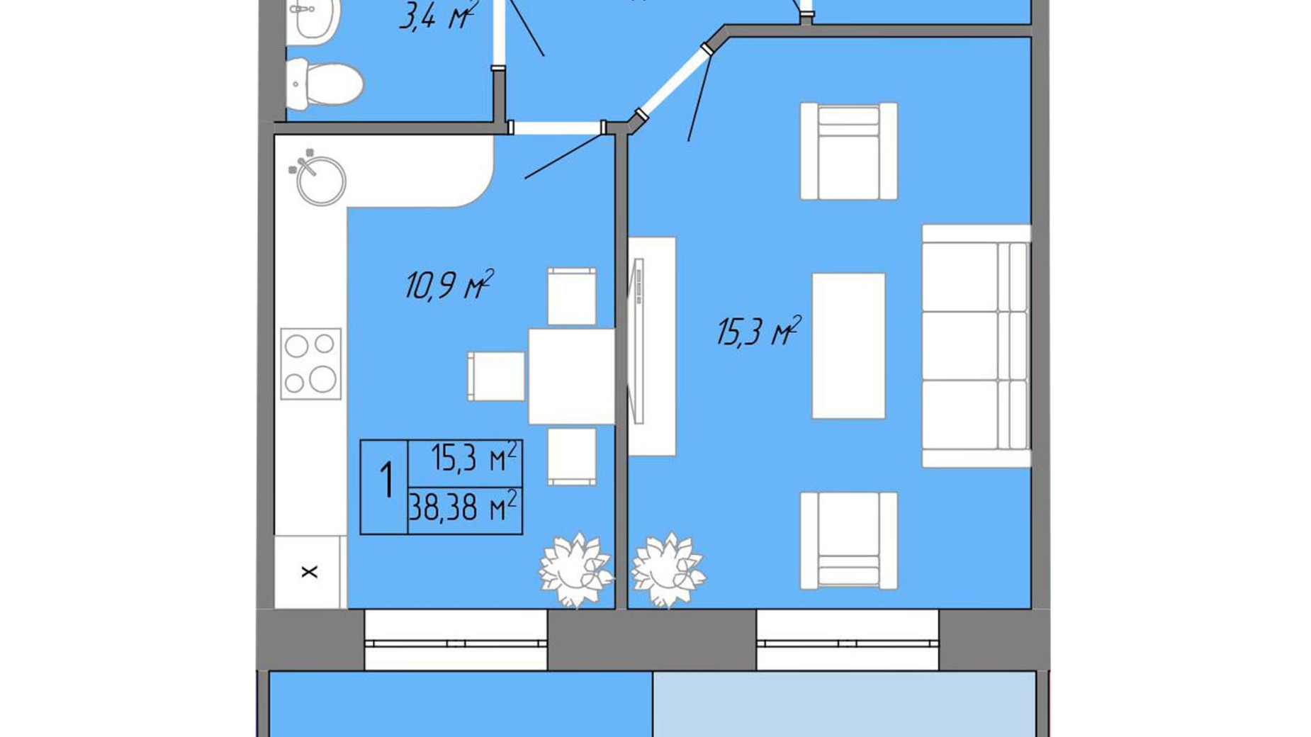 Планировка 1-комнатной квартиры в ЖК Акварель 2 40.96 м², фото 272935