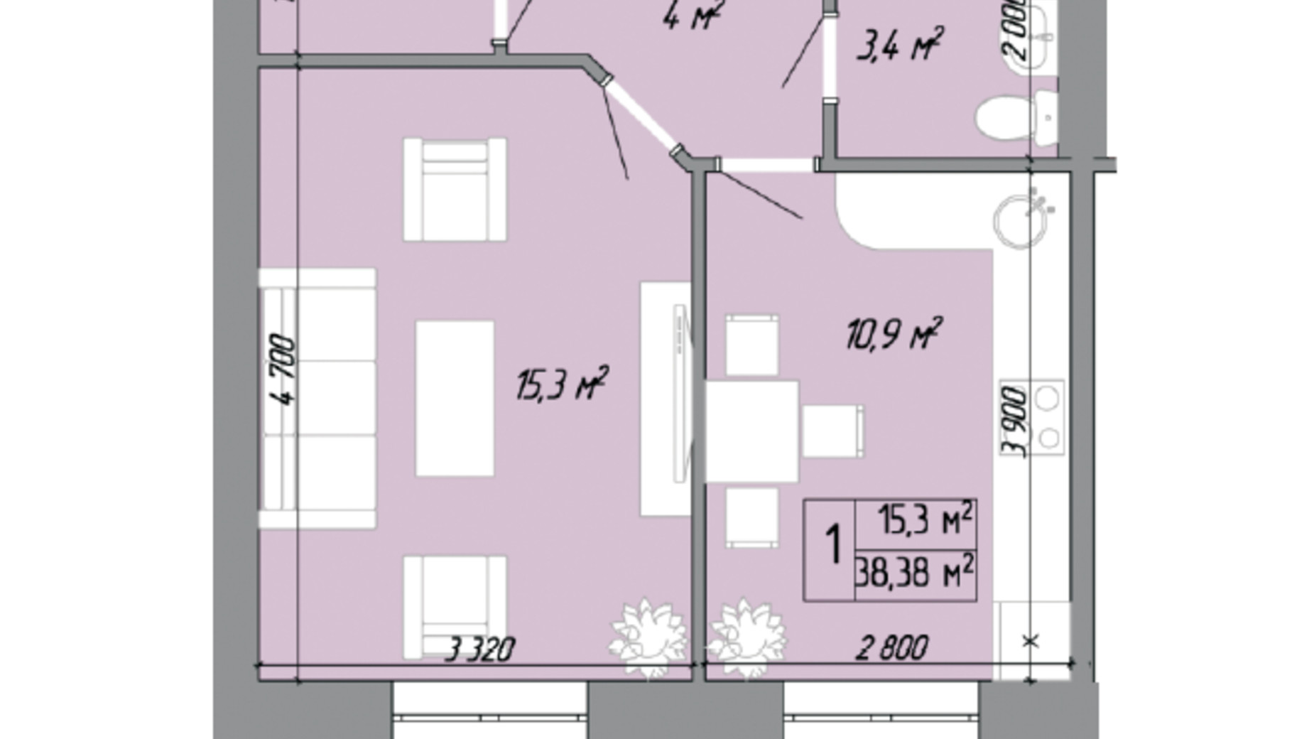 Планировка 1-комнатной квартиры в ЖК Акварель 2 44.5 м², фото 272942