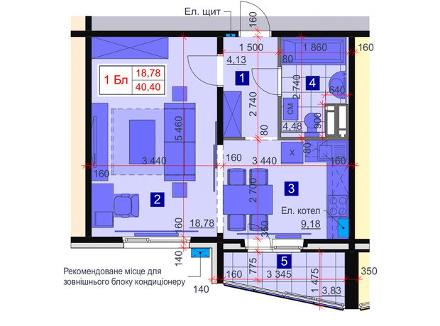 ЖК Greendom: планування 1-кімнатної квартири 40.4 м²