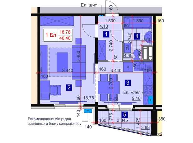 ЖК Greendom: планировка 1-комнатной квартиры 40.4 м²