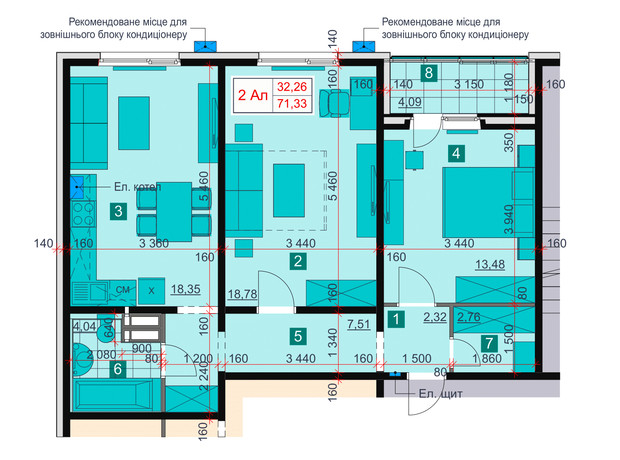 ЖК Greendom: планування 2-кімнатної квартири 71.33 м²