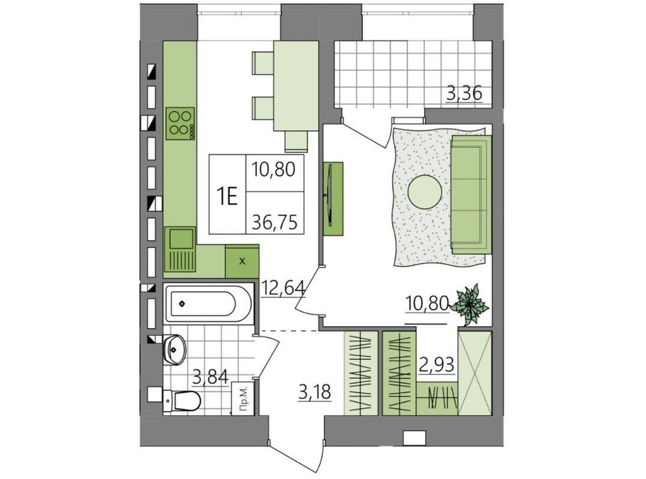 Планировка 1-комнатной квартиры в ЖК Синергия Light 37.63 м², фото 273027 Планировка 1-комнатной квартиры в ЖК Синергия Light 37.63 м², фото 273027