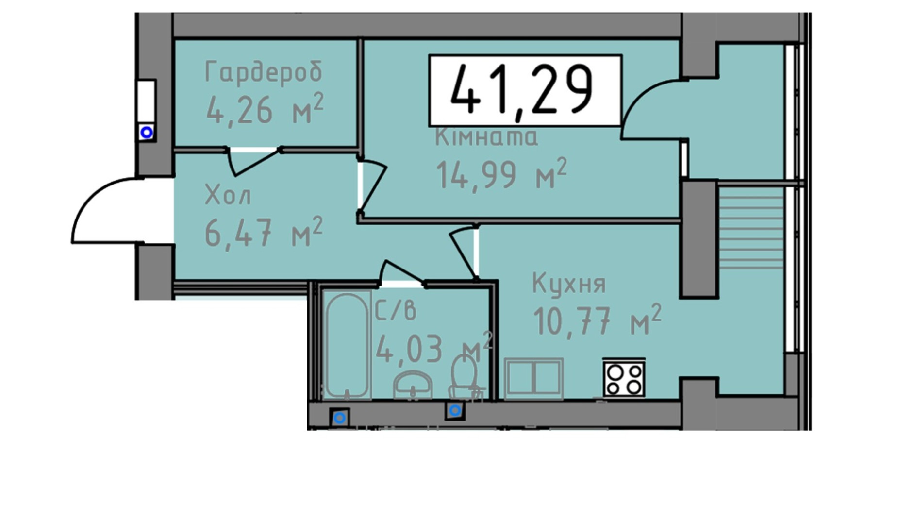 Планування 1-кімнатної квартири в ЖК Статус 1 41.29 м², фото 273046