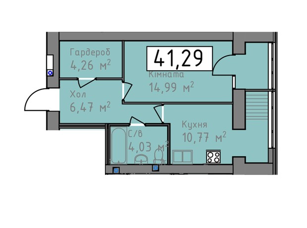 ЖК Статус 1: планировка 1-комнатной квартиры 41.29 м²