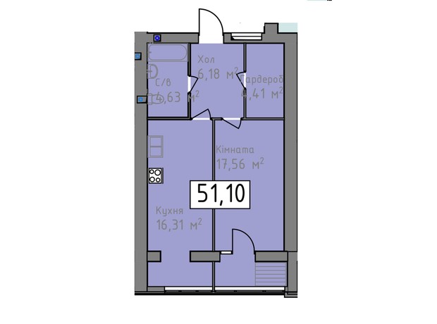 ЖК Статус 1: планировка 1-комнатной квартиры 51.1 м²