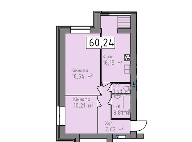 ЖК Статус 1: планировка 2-комнатной квартиры 57.86 м²