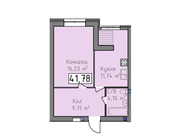 ЖК Статус 1: планування 1-кімнатної квартири 41.78 м²