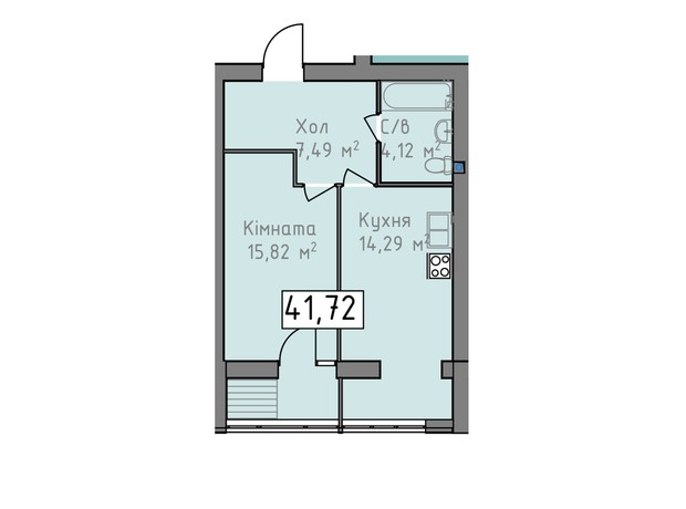 ЖК Статус 1: планировка 1-комнатной квартиры 41.72 м²