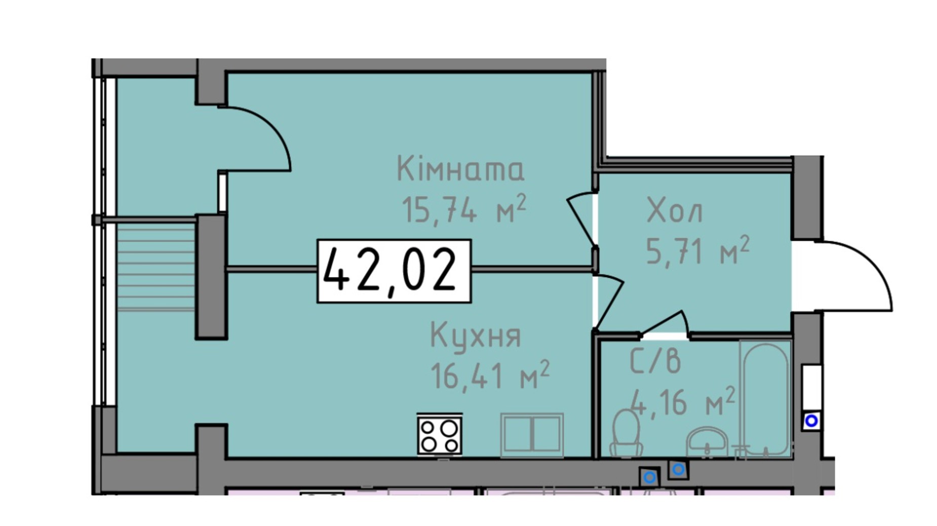 Планировка 1-комнатной квартиры в ЖК Статус 1 42.02 м², фото 273060