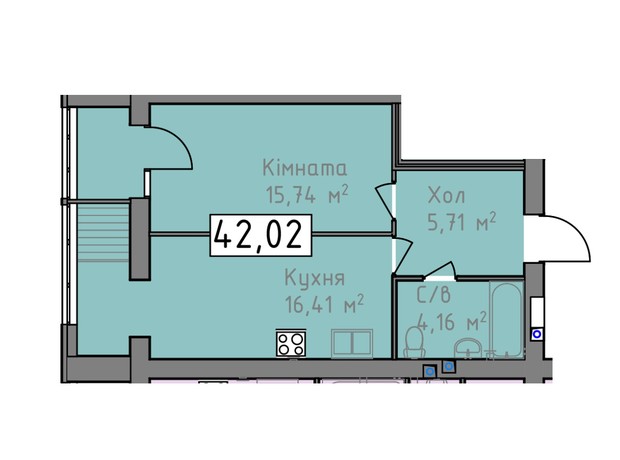 ЖК Статус 1: планування 1-кімнатної квартири 42.02 м²