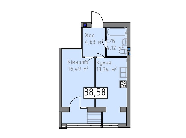 ЖК Статус 1: планировка 1-комнатной квартиры 38.58 м²