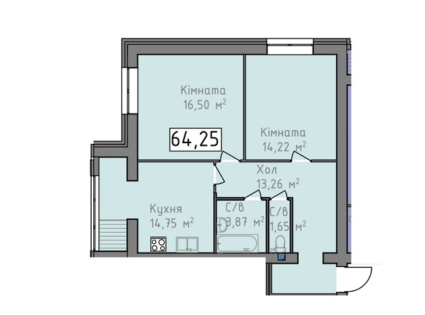 ЖК Статус 1: планировка 2-комнатной квартиры 64.25 м²