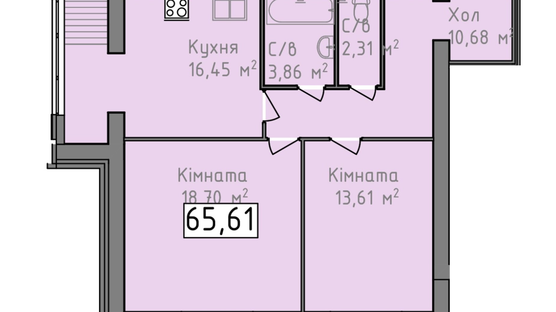 Планировка 2-комнатной квартиры в ЖК Статус 1 65.61 м², фото 273063