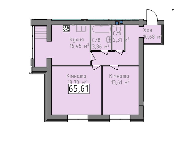 ЖК Статус 1: планировка 2-комнатной квартиры 65.61 м²