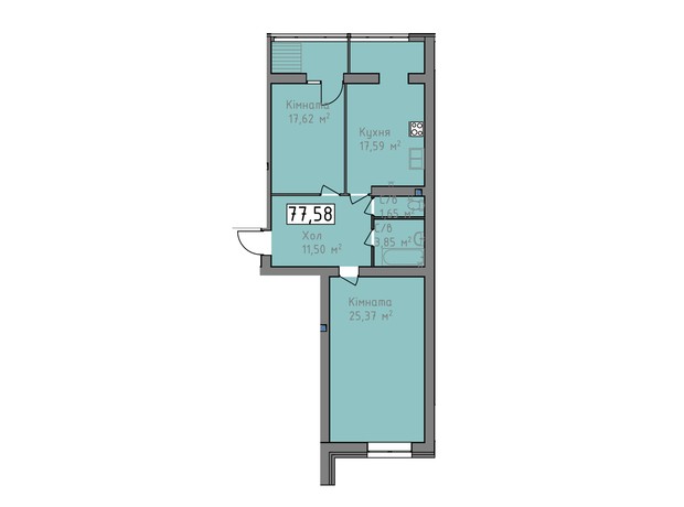 ЖК Статус 1: планировка 2-комнатной квартиры 77.58 м²