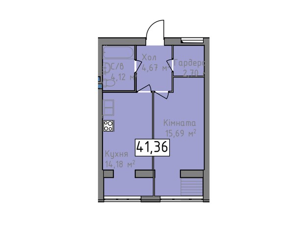 ЖК Статус 1: планировка 1-комнатной квартиры 41.36 м²