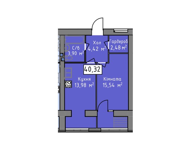ЖК Статус 1: планировка 1-комнатной квартиры 40.32 м²