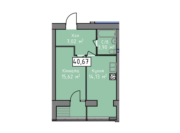 ЖК Статус 1: планировка 1-комнатной квартиры 40.67 м²