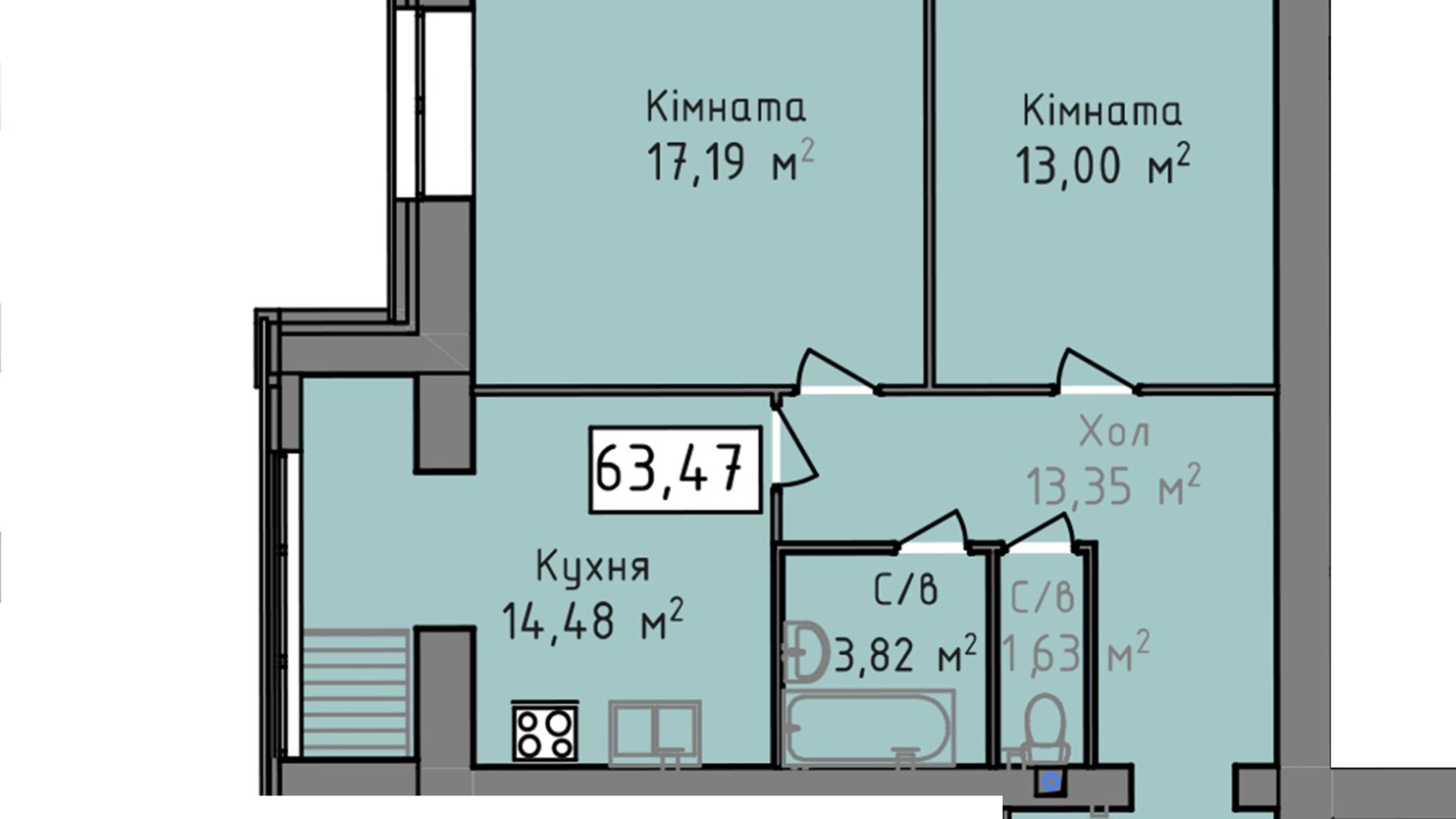 Планировка 2-комнатной квартиры в ЖК Статус 1 63.47 м², фото 273070