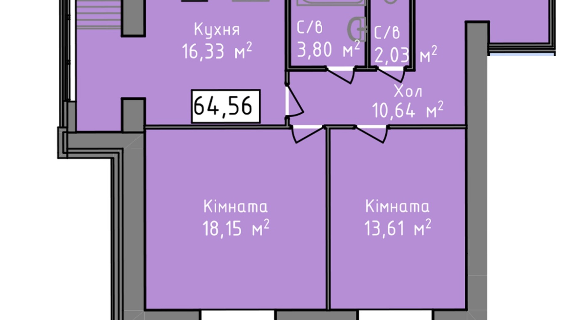 Планировка 2-комнатной квартиры в ЖК Статус 1 64.56 м², фото 273071