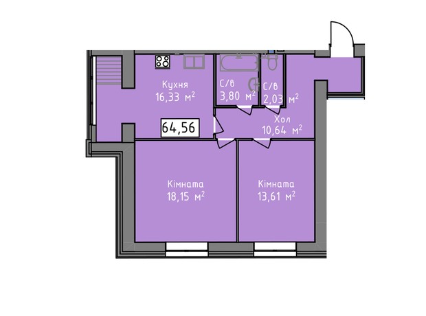 ЖК Статус 1: планировка 2-комнатной квартиры 64.56 м²