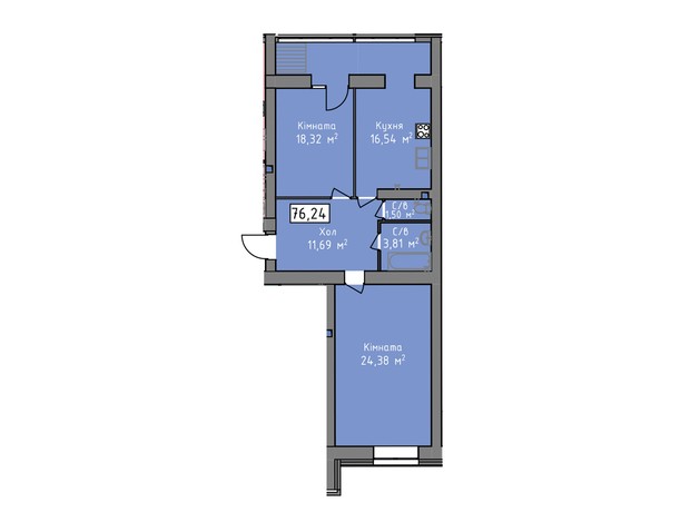 ЖК Статус 1: планування 2-кімнатної квартири 76.24 м²