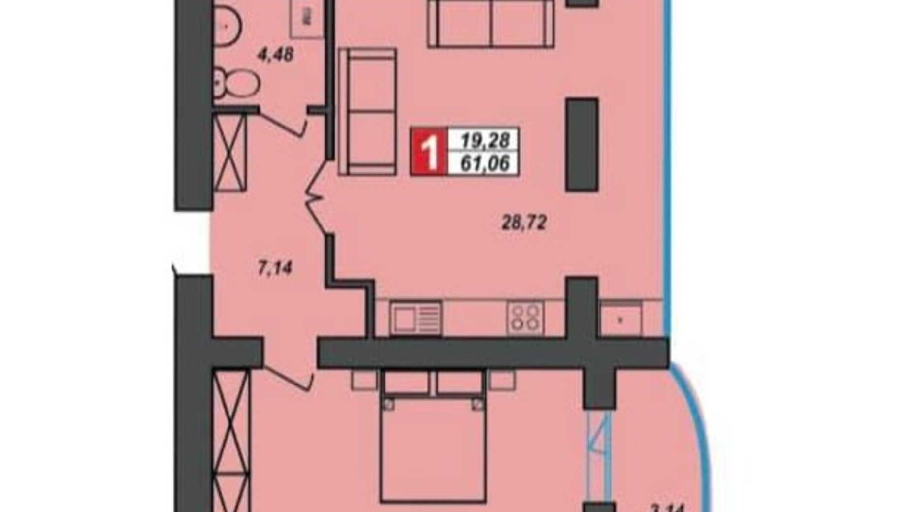 Планировка 1-комнатной квартиры в ЖК Sportcity 61.06 м², фото 273462