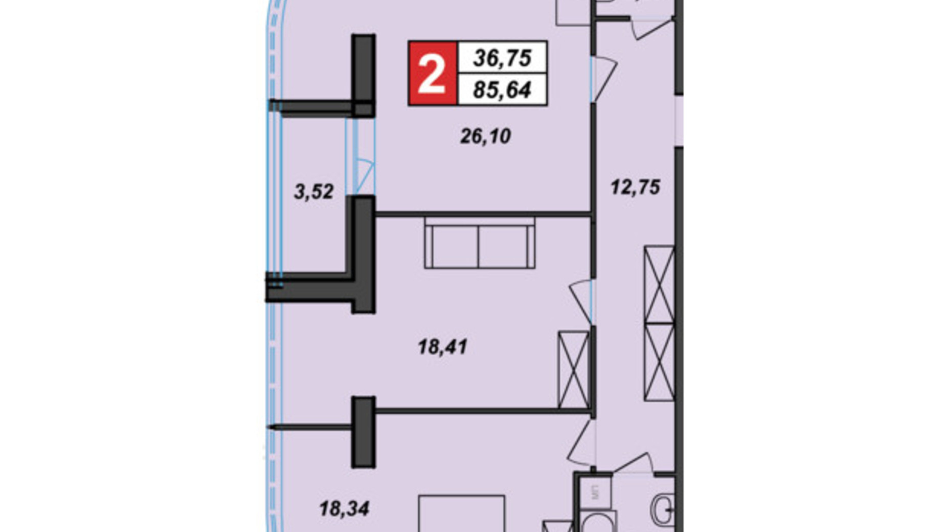 Планировка 2-комнатной квартиры в ЖК Sportcity 72.81 м², фото 273463