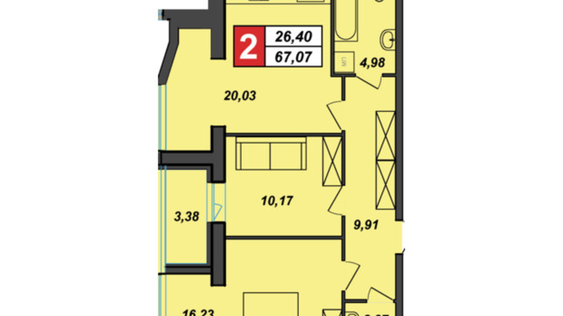 Планировка 2-комнатной квартиры в ЖК Sportcity 67.07 м², фото 273470